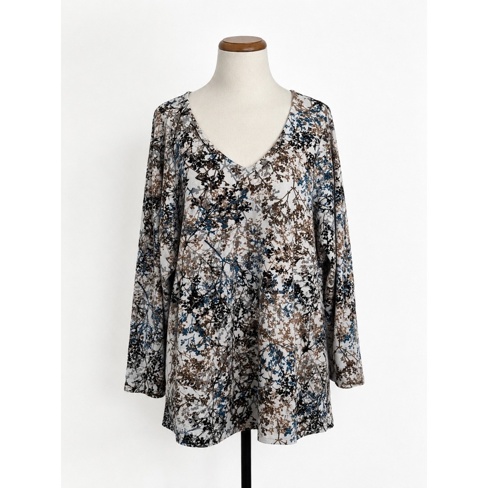 Pure Jill Tunic Women XL Petite Brown Blue Velour Branch Print Fall Aesthetic